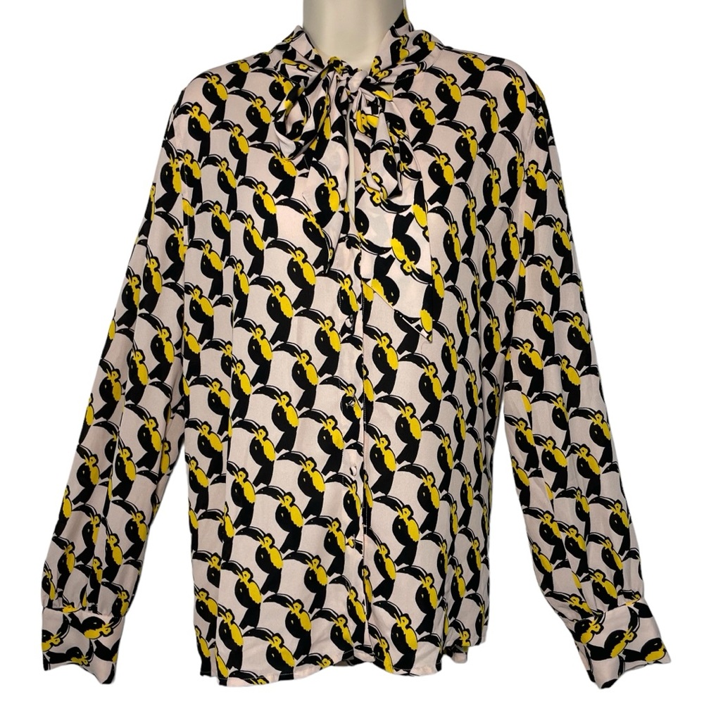 Avec Les Filles pink toucan print  blouse neck bow button down sz xl - Picture 5 of 10